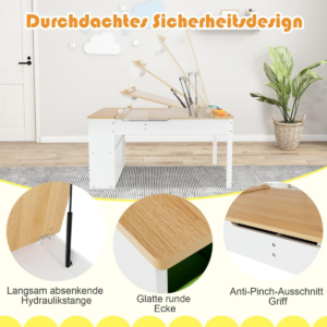 Mesa de atividades 3 em 1 e cavalete com tampo elevável e 6 recipientes de tecido e rolo de papel branco