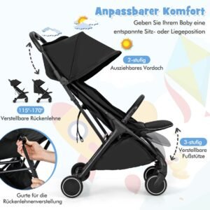 Carrinho de bebê leve, dobrável com uma mão, portátil, com encosto reclinável, cinza