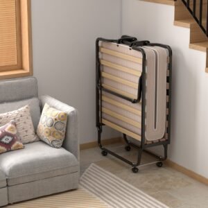 Cama dobrável com colchão de espuma viscoelástica, estrutura durável, 4 rodas giratórias, berço dobrável azul