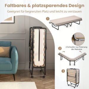 Cama dobrável com luxuoso colchão de espuma viscoelástica e rodízios, capacidade de carga de 110 kg, fabricada na Itália
