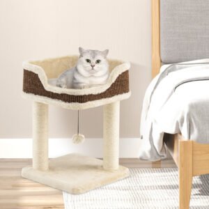 Pequena árvore para gatos de interior, torre para gatos com poleiro de pelúcia confortável, postes de arranhar de sisal, bola pendurada cinza