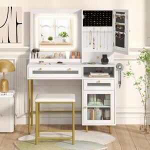 Penteadeira com iluminação LED, estação de carregamento e banqueta, penteadeira e armário para joias