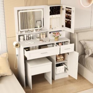 Penteadeira com iluminação LED e estação de carregamento e penteadeira com 3 gavetas para joias