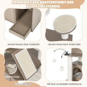 Arranhador com armário sanitário moderno torre para gatos com caverna 95 x 55,5 x 132 cm cinza