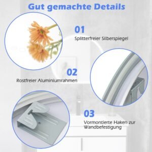 Espelho de banheiro LED 80x60 cm com 3 luzes coloridas reguláveis, função de memória, espelho de parede em arco sem moldura