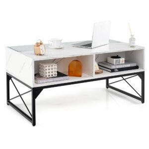 Mesa lateral de vidro de 20 polegadas com estrutura de metal e tampo de vidro de mármore falso - preto e branco