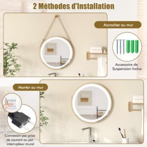 Espelho de parede antiembaçante regulável, espelho redondo 60 x 60 cm, display de tempo e temperatura, 3 cores, função de memória, preto