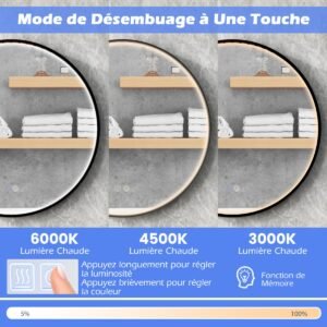 Espelho de banheiro semicircular com regulagem de intensidade, 3 luzes LED coloridas, função de memória, prata