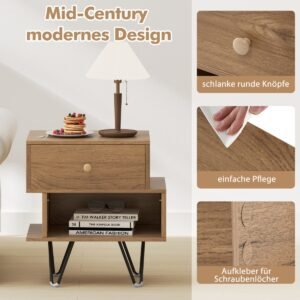 Conjunto de 2 mesas laterais modernas de meados do século com gaveta removível - nogueira