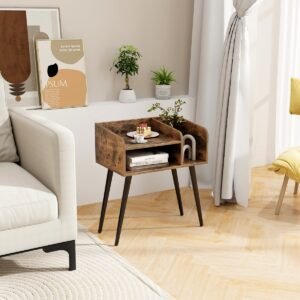 Mesa de cabeceira moderna de 2 níveis de meados do século para sala de estar, conjunto de 2 peças - marrom rústico