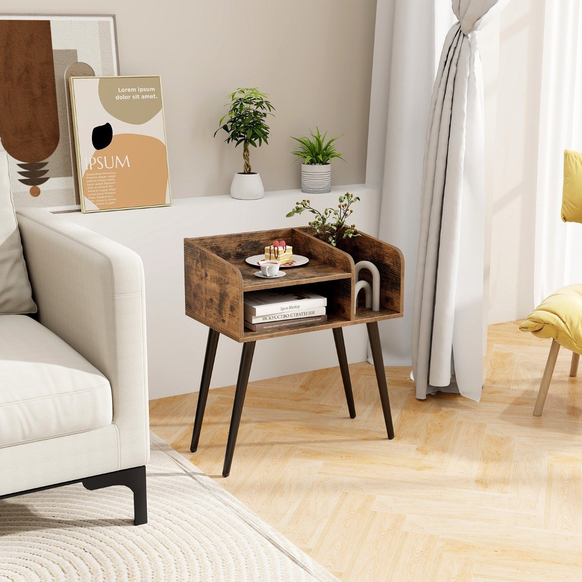 Mesa de cabeceira moderna de meados do século com prateleiras abertas - preta