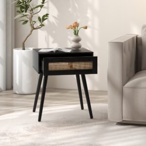 Mesa de cabeceira de vime com gaveta e pernas de madeira maciça - natural