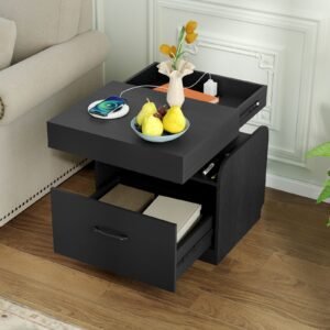 Mesa de cabeceira com estação de carregamento e mesa lateral de armazenamento com tampo deslizante, bandeja e prateleiras abertas, natural