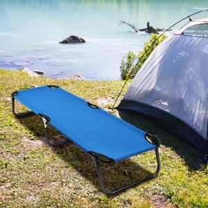 Berço de acampamento dobrável portátil com estrutura de metal resistente para acampamento - cinza