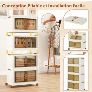 Caixas de armazenamento dobráveis ​​de 156L com tampas, conjunto de 3 caixas de armazenamento de plástico empilháveis ​​com rodas, recipientes de armazenamento brancos