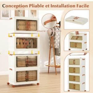 Caixas de armazenamento dobráveis ​​de 57L com tampas, conjunto de 3 caixas de armazenamento de plástico empilháveis ​​com rodas, recipientes de armazenamento brancos