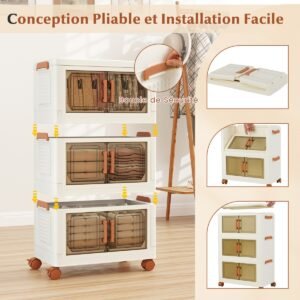 Caixas de armazenamento dobráveis ​​de 76L com tampas, conjunto de 4 caixas de armazenamento de plástico empilháveis ​​com rodas, recipientes de armazenamento brancos