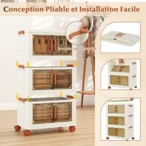 Conjunto de 4 caixas de armazenamento dobráveis ​​de 280L com tampas, empilháveis, de plástico, com rodas, recipientes de armazenamento brancos