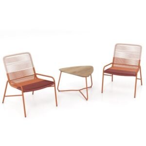 Conjunto de balanço bistrô de 3 peças, cadeiras de vime PE com mesa de centro de metal e almofadas grossas, conjunto de móveis de jardim