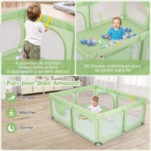 Cercadinho para bebês com 4 argolas de puxar e 50 bolas oceânicas e malha respirável e bolsa de transporte cinza escuro