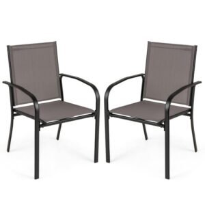 Conjunto de 4 cadeiras de jantar para áreas externas, empilháveis, com apoio de braços alto em tecido respirável e estrutura de metal cinza