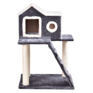 Torre de madeira para gatos de 88 cm de altura com poste arranhador de sisal, tapete, bola pendurada e poleiro superior - cinza
