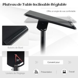 Carrinho para laptop com rodinhas e altura ajustável, com bandeja de armazenamento superior inclinável, branco