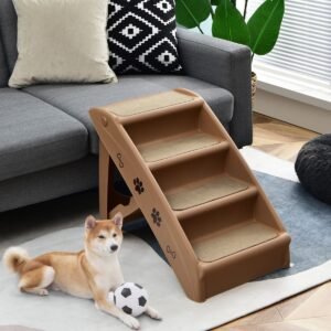 Escadas dobráveis ​​para animais de estimação de 4 degraus com corrimão lateral seguro - cinza