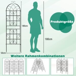 Conjunto de 4 treliças de metal para cerca de jardim decorativa, treliça autônoma para jardim, preta, 180 x 50 cm