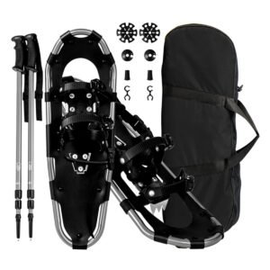 Conjunto de raquetes de neve multiuso de 63 cm, raquetes de neve ergonômicas com sistema de fixação, estrutura de alumínio, bastões de caminhada, prata