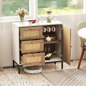 Armário de armazenamento de bambu com 3/4 gavetas e gavetas de vidro temperado canelado - Natural - 3 níveis