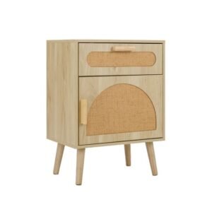 Mesa de cabeceira de vime com armazenamento Mesa de cabeceira boêmia com uma gaveta e pernas de madeira maciça Mesa lateral de madeira preta