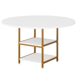 Tribesigns mesa de jantar redonda de 120 cm c/prateleira de armazenamento, branco e dourado