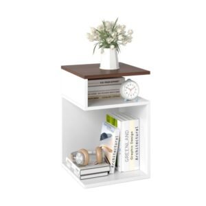 Conjunto de 2 mesas laterais em formato de S para espaços pequenos com 2 compartimentos abertos - Nogueira