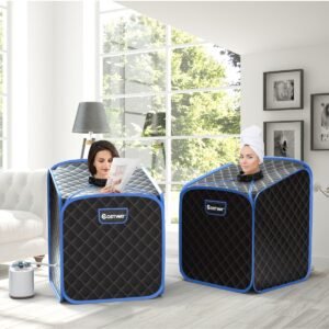 Sauna a vapor portátil com cadeira, rolo de massagem para os pés e tapete absorvente, 9 níveis de temperatura ajustáveis, cabine de spa interna, café