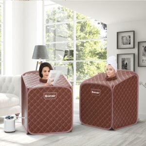 Sauna a vapor portátil com cadeira, rolo de massagem para os pés e tapete absorvente, 9 níveis de temperatura ajustáveis, cabine de spa interna cinza