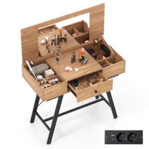 Conjunto de penteadeira com espelho, mesa de maquiagem com estação de carregamento, gavetas, prateleiras abertas e armário de espelho para café