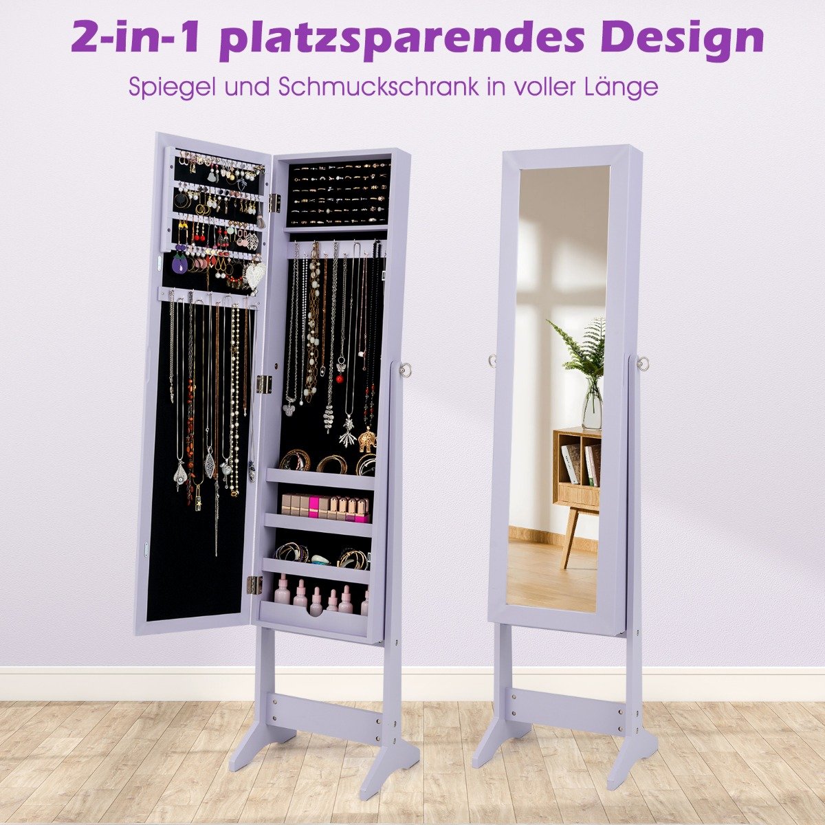 Novo armário de joias espelhado, organizador de espelho, caixa de armazenamento, anel com suporte, branco - Image 2