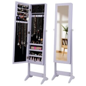 Novo armário de joias espelhado, organizador de espelho, caixa de armazenamento, anel com suporte, branco