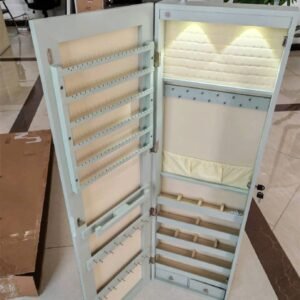 Armário para joias com iluminação LED Prateleira para joias com espelho Armário com espelho com fechadura Rosa