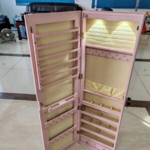 Armário para joias com iluminação LED Prateleira para joias com espelho Armário com espelho com fechadura Vintage Blue