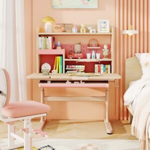 Mesa infantil com prateleira e gaveta, mesa de estudante com altura ajustável e tampo inclinável, cor natural