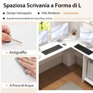 Grande mesa de computador moderna em formato de L com 2 orifícios para cabos e 2 prateleiras de armazenamento - branca