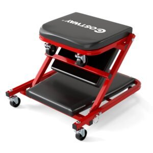 Tábua de montar oficina 2 em 1 com 6 rodas e assento acolchoado, capacidade de carga de até 150 kg, vermelha