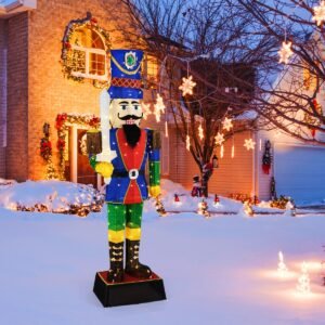 Soldado quebra-nozes de 184 cm com chapéu e espada, decoração de Natal 3D com 110 luzes LED brancas quentes, estatueta de Natal