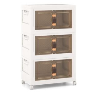 Conjunto de 4 caixas de armazenamento empilháveis ​​com tampas, rodas e portas 49,5 x 31,5 x 112,5 cm