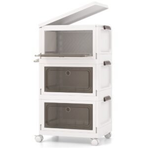 Pacote com 3 caixas de armazenamento empilháveis ​​de 75/105 L, caixas de armazenamento dobráveis, brancas, tamanho G