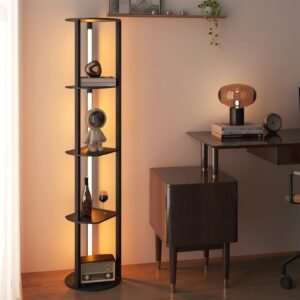 Luminária de chão com prateleiras, suporte de exposição independente de 4 níveis com luzes LED reguláveis ​​de 3 níveis e pedal, preto