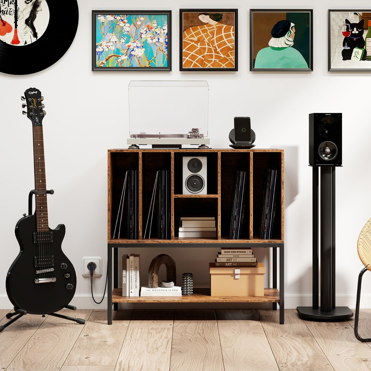 Suporte para toca-discos com estação de carregamento com armazenamento de vinil Mesa para armazenamento de discos com prateleiras Branco