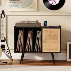 Suporte para toca-discos com estação de carregamento, toca-discos com prateleiras de vime e prateleira ajustável para 220 álbuns, natural